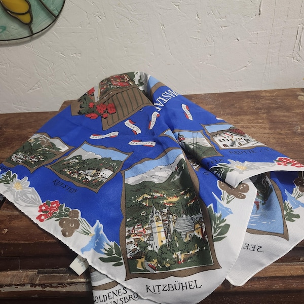 Vintage Souvenir Scarf Innsbruck-Olympiastadt, Tirol, Austria Landmarks Cities Landscapes Olympics Square Approx 27" Polyester
