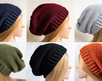 Handmade Knitted Slouchy Hat - 8 Colours (Copper Green Red Navy Grey Black +) Ladies Autumn Winter Hats UK, Womens Slouch Beanie Knitwear