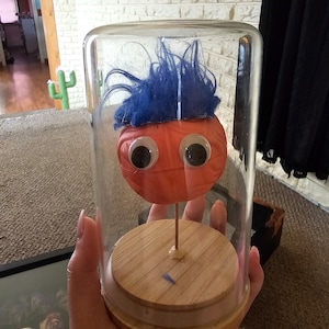 Op de afbeelding: Een rood en blauw personage met grote ogen en blauw haar wordt getoond in een glazen stolp op een houten voet.