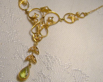 Antique Edwardian Peridot lavaliere necklace with Seed Pearls - 14K Gold, 9K