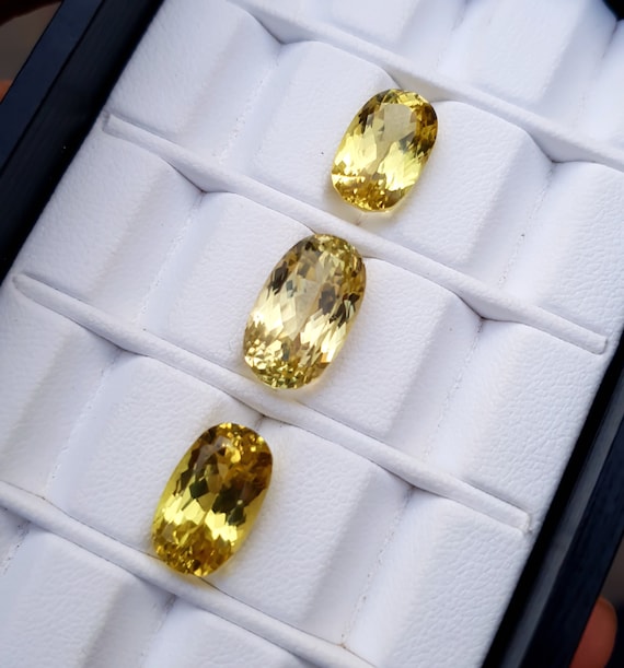 Yellow Kunzite Gemstone: 24 Carat Natural Oval Afghan Kunzite, 3 Pieces