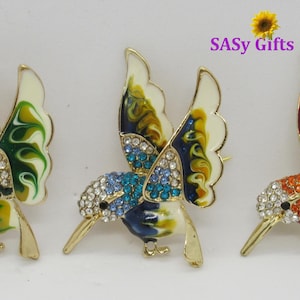 Vintage Green, Blue and Red Sparkling Hummingbird Brooches