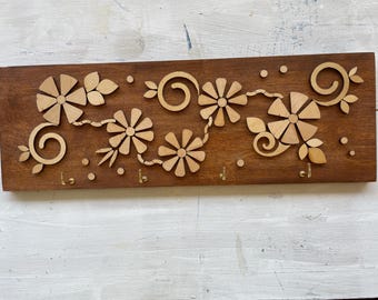 Floral Plywood Keyholder: Gold Hooks, Abstract Design