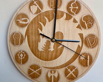 Dungeons & Dragons Wooden Wall Clock - Engraved RPG Class Symbols - Fantasy Gamer Decor