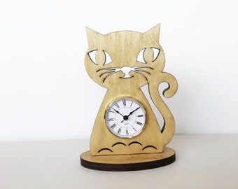Laser Cut Birch Plywood Kitty Clock with Quartz Insert
