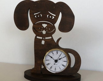 Laser Cut Puppy Clock: Stained Birch Plywood, Gold Quartz Insert