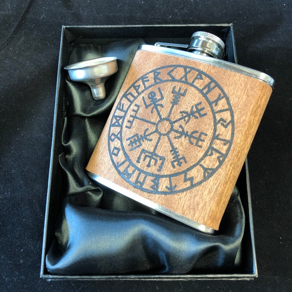 ENGRAVED VIKING 6OZ STAINLESS STEEL HIP FLASK GIFT BOX /& FUNNEL