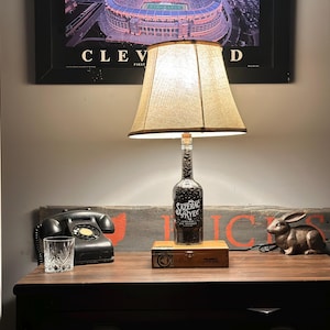 Sazerac Rye Bourbon Whiskey Bottle Lamp on Cigar box Table lamp-Desk lamp-Edison Steampunk lamp-Rustic home decor-Gift for men-Farmhouse