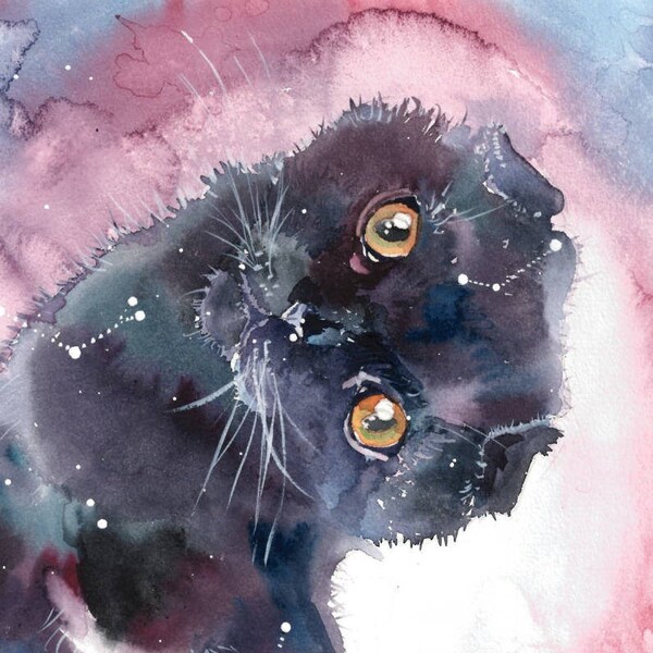 Black Cosmic Cat, Custom Portrait, Pet Portrait, Watercolor Painting, Original Painting Gifts, Memorial Portrait, Drawing, Personalized Art