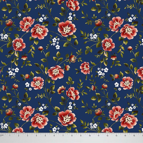 Blue Dressmaking Fabric Floral Cotton Fabric Quilting Etsy