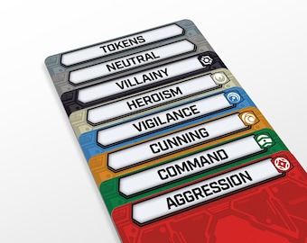 May include: A set of eight color-coded cards with the words "Tokens", "Neutral", "Villainy", "Heroism", "Vigilance", "Cunning", "Command", and "Aggression" printed on them.