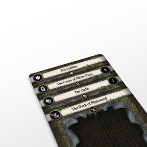 May include: Close-up of five game cards with a dark green background and gold accents. The cards are stacked on top of each other. The top card is titled "The Dark of Mirkwood" and has a black and white illustration of a tree. The other cards are titled "The Oath", "The Caves of Nibin-Dûm", "The Goblins", and "II".
