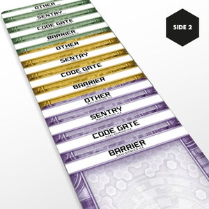 Könnte beinhalten: Ein Satz von fünf Karten mit verschiedenen Eisarten und Namen. Die Karten sind lila, gold und grün. Die Namen der Eisarten sind "Andere", "Wache", "Code-Tor" und "Barriere".