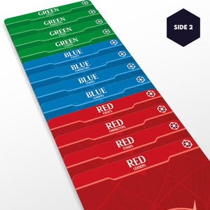 May include: A set of colorful game cards with green, blue, and red sections. Each section is labeled with white text indicating categories like "Events," "Characters," and "Leaders." A black hexagon with "SIDE 2" is in the upper right corner.