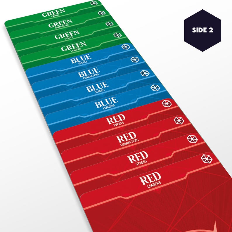 May include: A set of colorful game cards with green, blue, and red sections. Each section is labeled with white text indicating categories like "Events," "Characters," and "Leaders." A black hexagon with "SIDE 2" is in the upper right corner.
