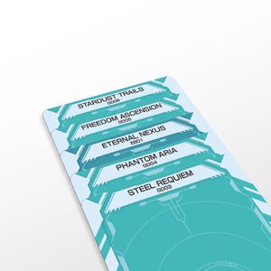 May include: A rectangular card featuring a light blue and teal geometric design with five stacked labels. The text reads STARDUST TRAILS GD06, FREEDOM ASCENSION GD05, ETERNAL NEXUS EB01, PHANTOM ARIA GD04, and STEEL REQUIEM GD03 in a clean, sans-serif font.