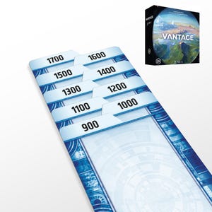 May include: A board game titled "Vantage" with a box featuring a landscape image. The game includes a card with numbers from 900 to 1700. The cards have a blue and white design, with a futuristic circuit board pattern.