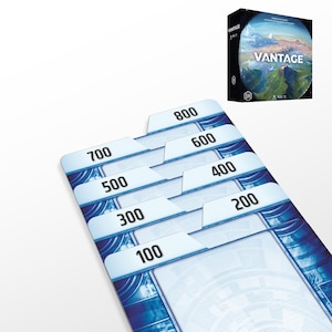 May include: A board game box and game cards. The box is black with the word "VANTAGE" in white and a landscape image. The cards are white with blue accents and numbered tabs from 100 to 800.