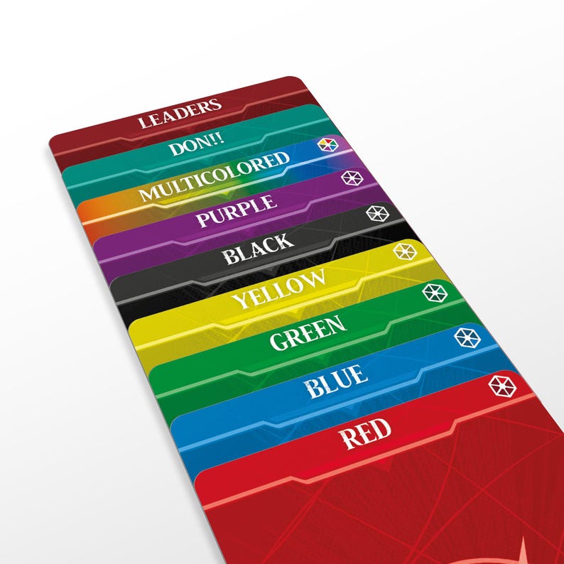May include: A set of ten colorful cards with different colored borders and text. The cards are labeled with the words "Leaders", "Don!!", "Multicolored", "Purple", "Black", "Yellow", "Green", "Blue", "Red", and a symbol.