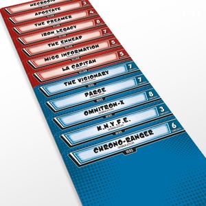 Puede incluir: Una pila de cartas de juego con fondos rojos y azules. Las cartas presentan nombres como "Necrosis", "Apostate" y "The Dreamer". Cada carta muestra un número de "Complejidad".