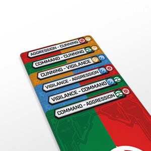 May include: A set of colorful game cards with text labels. The cards are rectangular with a red, green, and blue color scheme. Each card features a different combination of words: AGGRESSION, CUNNING, COMMAND, and VIGILANCE.