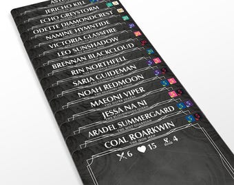 May include: A collection of black game cards with white text and colourful accents. Each card displays a unique name and description, along with numerical values and symbols. The cards are arranged in a slightly fanned-out pattern, showcasing the details.