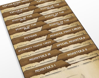 May include: A set of brown file folders with labels for a role-playing game. The labels include "Exploration Wilds", "Exploration City", "School of the Viper", "School of the Bear", "School of the Griffin", "School of the Cat", "School of the Wolf", "Potions", "Attribute Trophy Cards", "Monster Fight Cards", "Special Monsters", "Monsters III", "Monsters I", and "Monsters II".