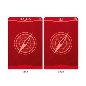 May include: Two red cards with a compass design. The top of each card reads "LEADERS RED" and "RED LEADERS". The cards are labeled "SIDE 1" and "SIDE 2".