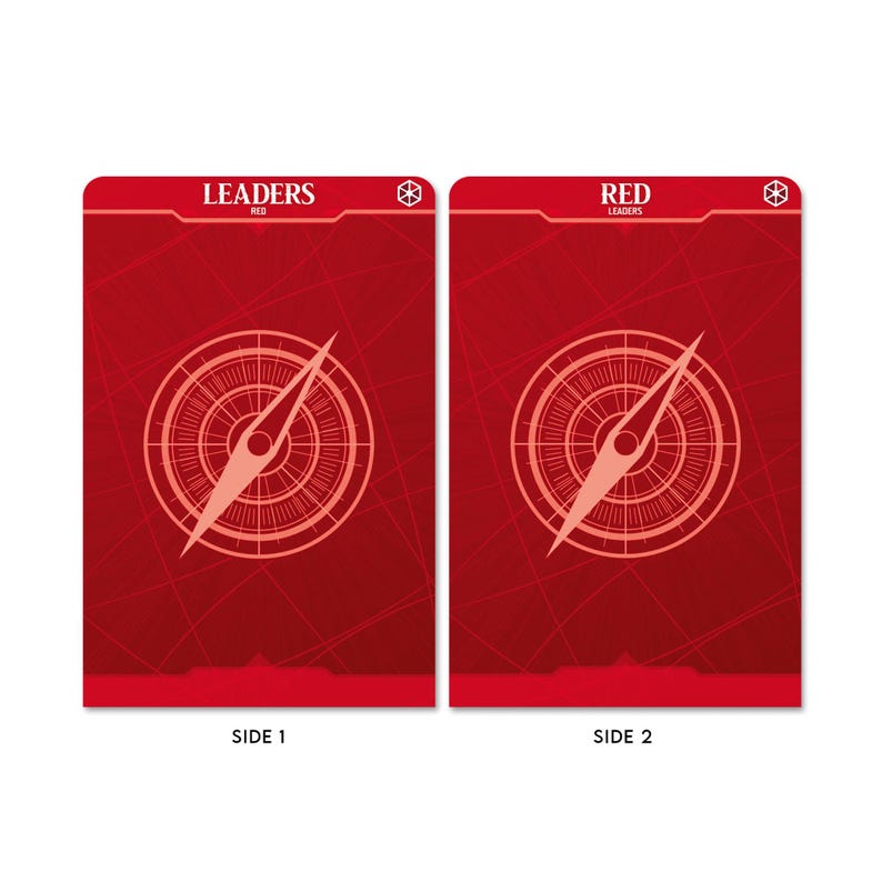 May include: Two red cards with a compass design. The top of each card reads "LEADERS RED" and "RED LEADERS". The cards are labeled "SIDE 1" and "SIDE 2".