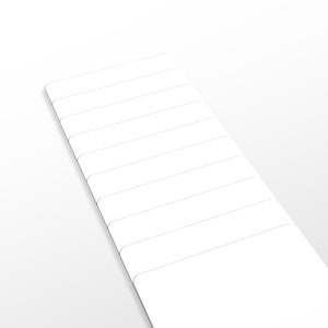 May include: A stack of white, rectangular labels with rounded corners, arranged diagonally against a white background. Each label has a thin, gray border, and the labels are evenly spaced, creating a clean and organized appearance.