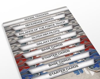 May include: A set of Star Wars: X-Wing Miniatures Game cards, including score tracker, reference cards, balance of the force track, outer rim pilots, galaxy cards, base cards, and starter cards. The cards are organized by faction, with Rebel and Empire cards separated.