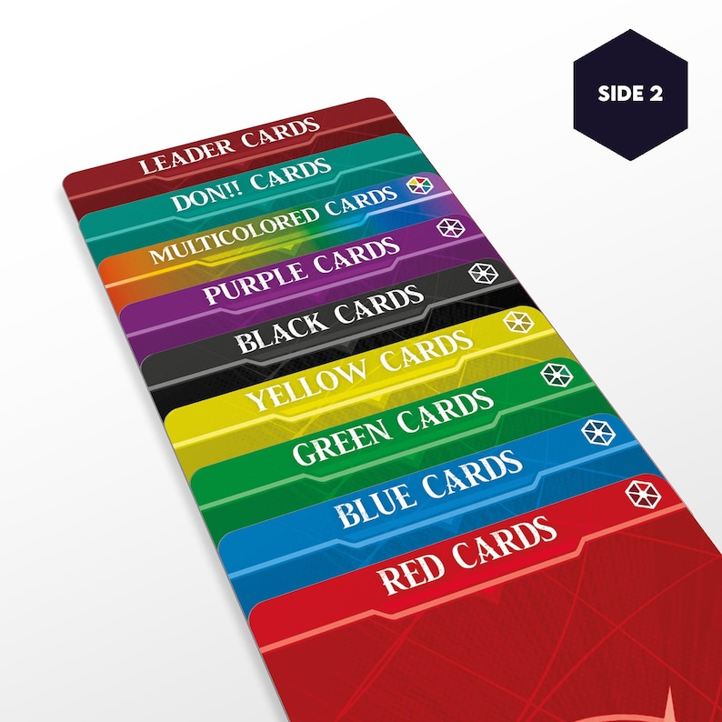 May include: A set of playing cards with different colored backs. The cards are arranged in a stack, with the red cards on the bottom and the leader cards on the top. The text on the cards reads "Leader Cards", "Don!! Cards", "Multicolored Cards", "Purple Cards", "Black Cards", "Yellow Cards", "Green Cards", "Blue Cards", and "Red Cards".