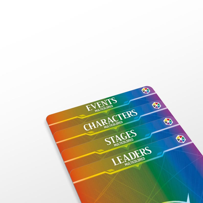 May include: A colorful game card with the words "EVENTS," "CHARACTERS," "STAGES," and "LEADERS" in white text. Each word is on a different colored stripe, transitioning from yellow to blue. The word "MULTICOLORED" is below each word.
