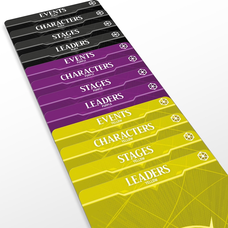 May include: A stack of game cards with labels in black, purple, and yellow. The labels include "EVENTS", "CHARACTERS", "STAGES", and "LEADERS". Each card has a geometric design and a symbol in the upper right corner.