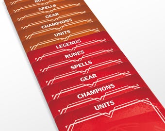 May include: A stack of game cards in shades of red and brown. Each card is labeled with white text, including "LEGENDS," "RUNES," "SPELLS," "GEAR," "CHAMPIONS," and "UNITS." The cards have a geometric design.