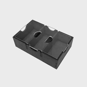 May include: A rectangular, dark gray organizer with three compartments. The organizer has a clear, angled top and rounded cutouts for easy access. The design is simple and modern, suitable for desk or drawer organization.
