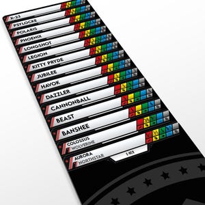 May include: A black and white game mat featuring character names like X-23, Psylocke, and Phoenix. Each character name is in a white rectangle with colorful icons and numbers. The bottom has the text "X-MEN" and star designs.