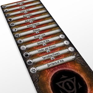 May include: A game board with a dark, textured background and a series of white and brown rectangular sections. Each section has a title, such as "Dead Ends" and "Cultists", and a small icon. The board has a decorative border.