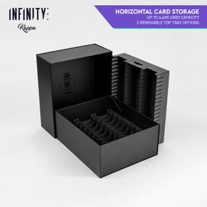 May include: A black Infinity Kappa horizontal card storage box with a 6,600 card capacity and three removable top tray options. The box features an open lid and an interior with slotted dividers for organising cards, with the Infinity logo visible.