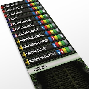 May include: A vertical card with a black background and green accents. The card lists the names of characters from the Alien franchise, with corresponding numbers next to each name. The card also includes the text "CORE BOX".