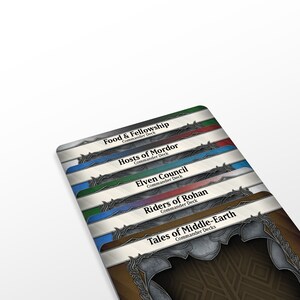 Op de afbeelding: Een stapel van vijf verschillende gekleurde kaartspellen met de titels "Food & Fellowship", "Hosts of Mordor", "Elven Council", "Riders of Rohan" en "Tales of Middle-Earth". Elk deck is gemarkeerd met "Commander Deck".