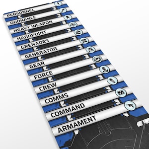 May include: A blue, black, and white game board with text labels including "PERSONNEL", "ORDNANCE", and "ARMAMENT". Each label has a corresponding icon. The board has a rectangular shape with rounded corners.