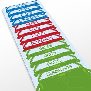 May include: A set of game components with blue, red, and green sections. Each section has a white banner with text such as "BASES", "UNITS", "PILOTS", and "COMMANDS". The components are arranged in a layered, angled design.
