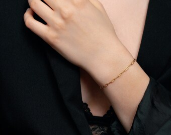 18K Gold Paperclip Bracelet, Gold Paperclip Bracelet, Small Paperclip Chain Bracelet, Gold Paperclip Chain Bracelet, Paperclip Link Bracelet