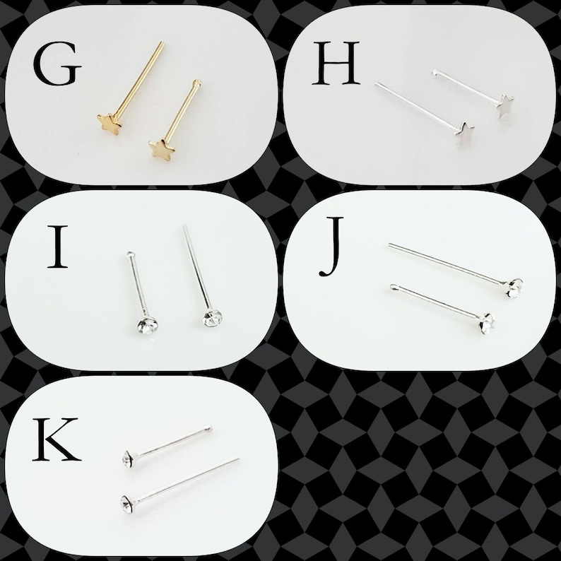 May include: Five different nose rings with various styles. The first two are gold star-shaped nose rings. The next two are silver nose rings with clear rhinestones. The last one is a silver nose ring with a clear rhinestone.