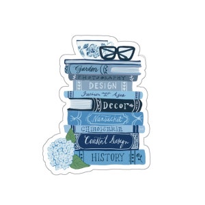 Hydrangeas with Stacked books, Kiss-Cut Stickers, blue hydrangea, Nantucket, Blue coastal style, Grand Millenial coastal, book lover gift image 4