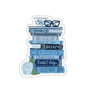 Hydrangeas with Stacked books, Kiss-Cut Stickers, blue hydrangea, Nantucket, Blue coastal style, Grand Millenial coastal, book lover gift image 8