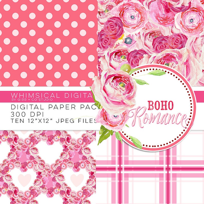 Download Boho Romance watercolor digital paper pack Coral Fuchsia ...
