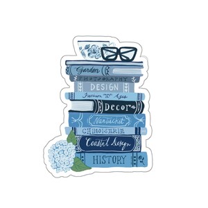 Hydrangeas with Stacked books, Kiss-Cut Stickers, blue hydrangea, Nantucket, Blue coastal style, Grand Millenial coastal, book lover gift image 6
