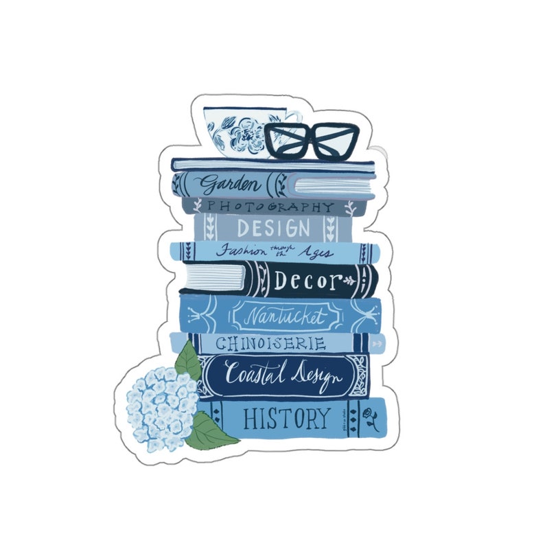Hydrangeas with Stacked books, Kiss-Cut Stickers, blue hydrangea, Nantucket, Blue coastal style, Grand Millenial coastal, book lover gift image 6
